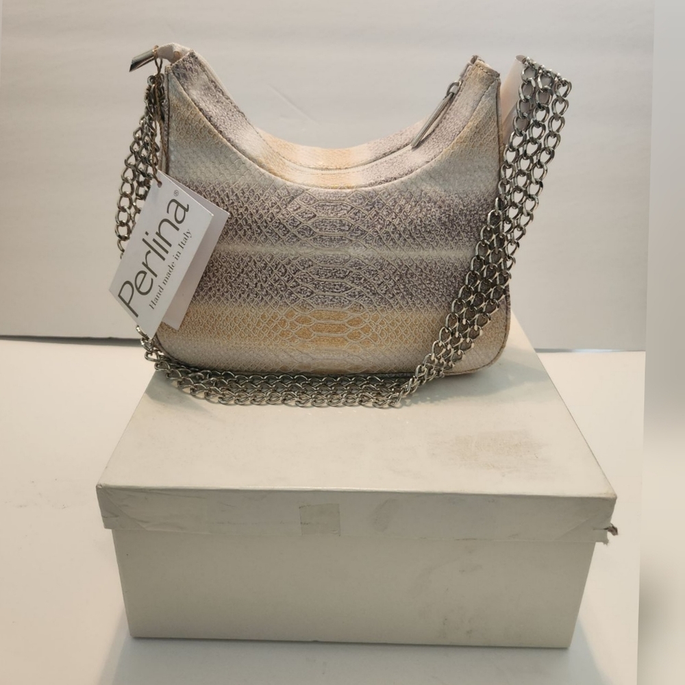 PERLINA Genuine Leather Snake Print Gray Tan White Chain Strap Purse